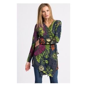 Desigual Maldivas Green Long Sweater Cardigan Floral Boho Sequin